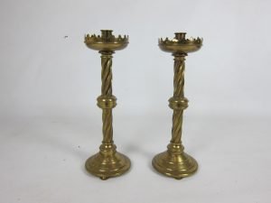 Pair of Gothic brass candlesticks